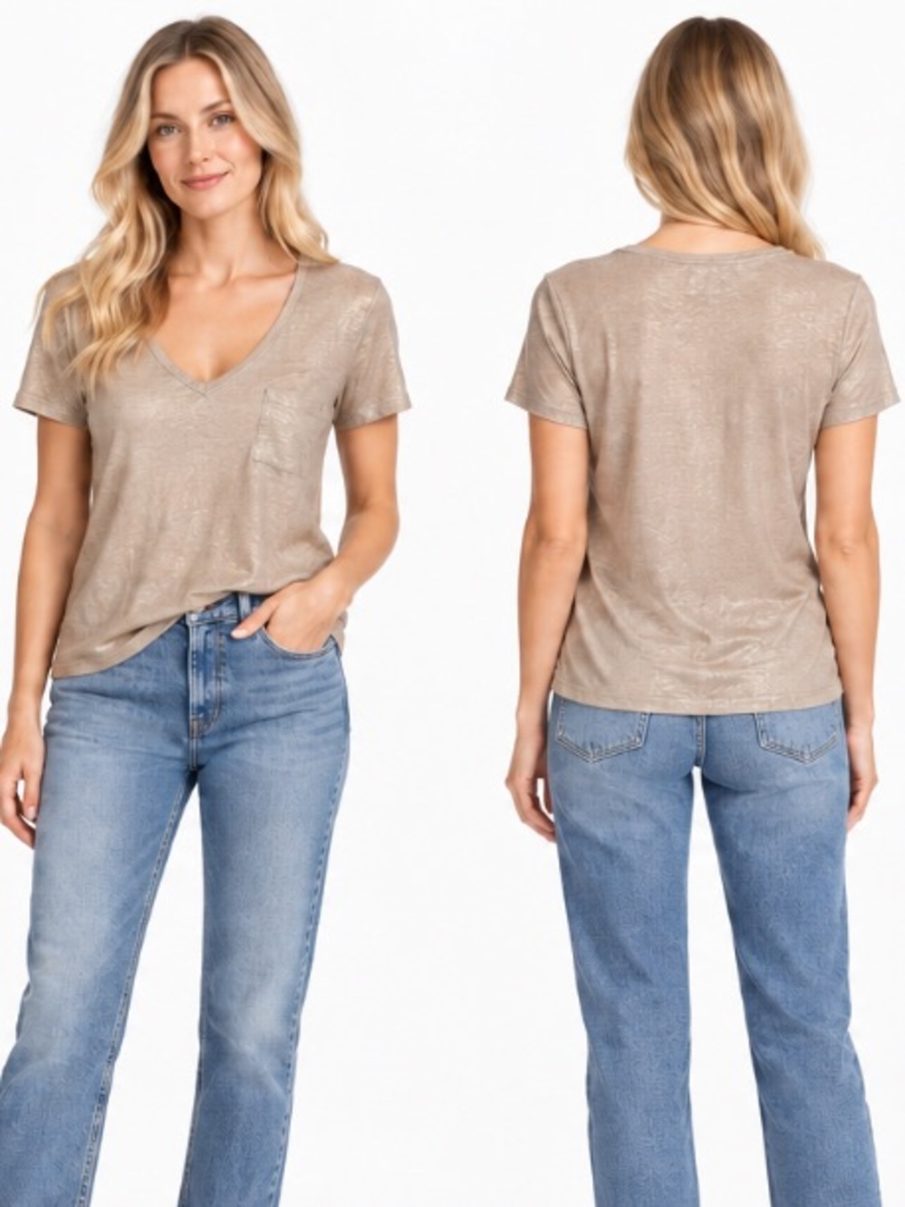 J.Crew Gold Linen V-Neck Tee with Chest Pocket — Small